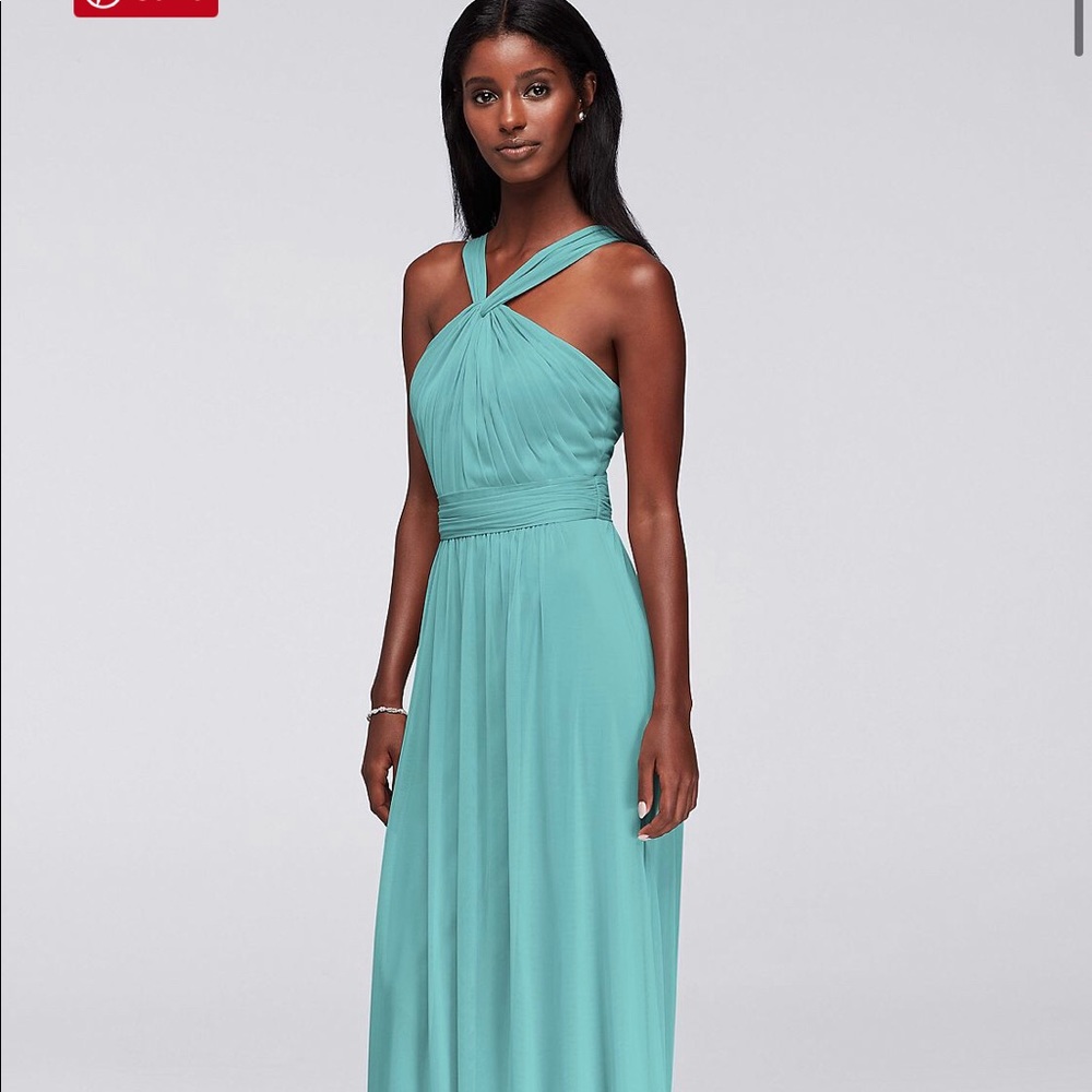 Y neck long mesh David’s bridal bridesmaid dress